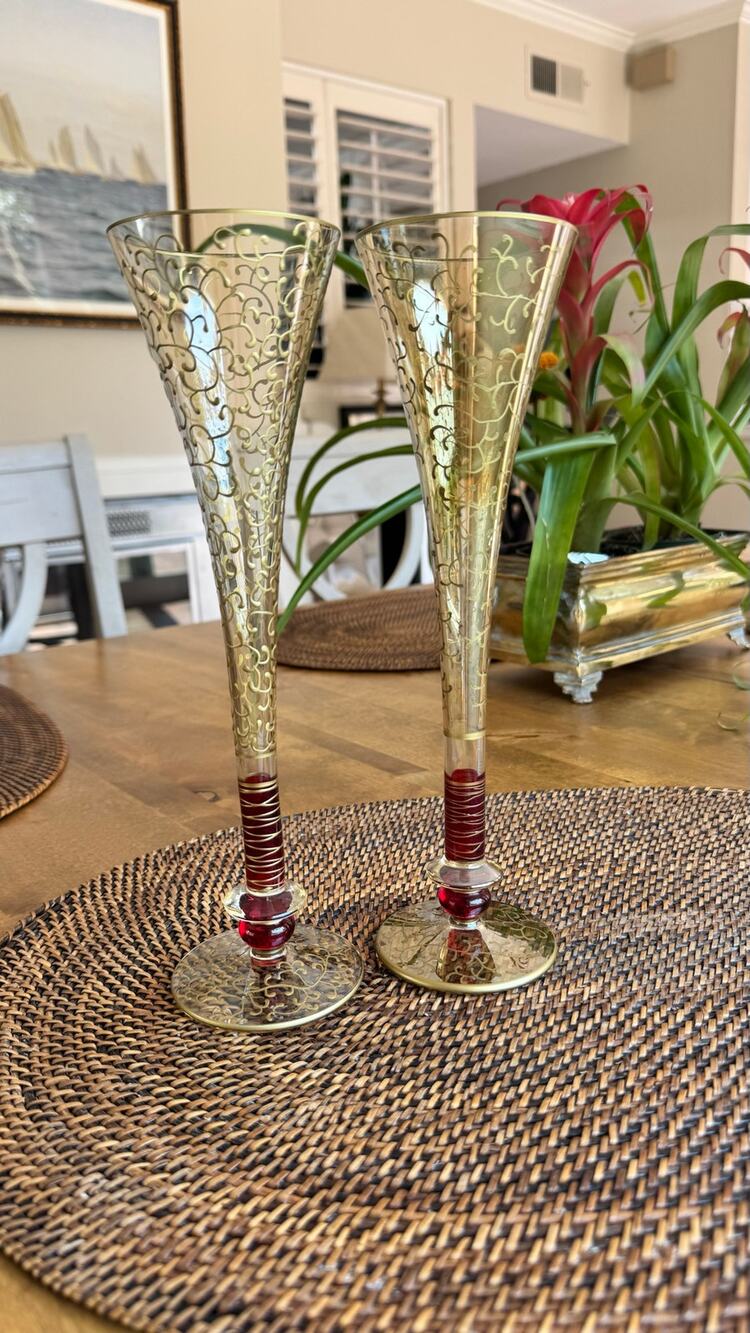 Pier 1 Imports Rioja Ruby and Gold Hand Painted Champagne Flute Glasses